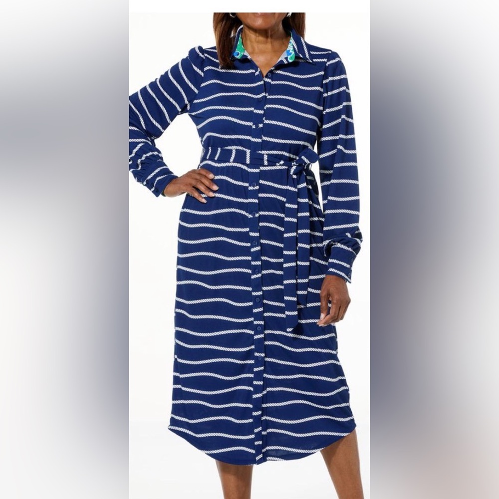 TWRHLL by Christie Brinkley Navy Rope Stripe Shirt Dress Tie Waist Size PL